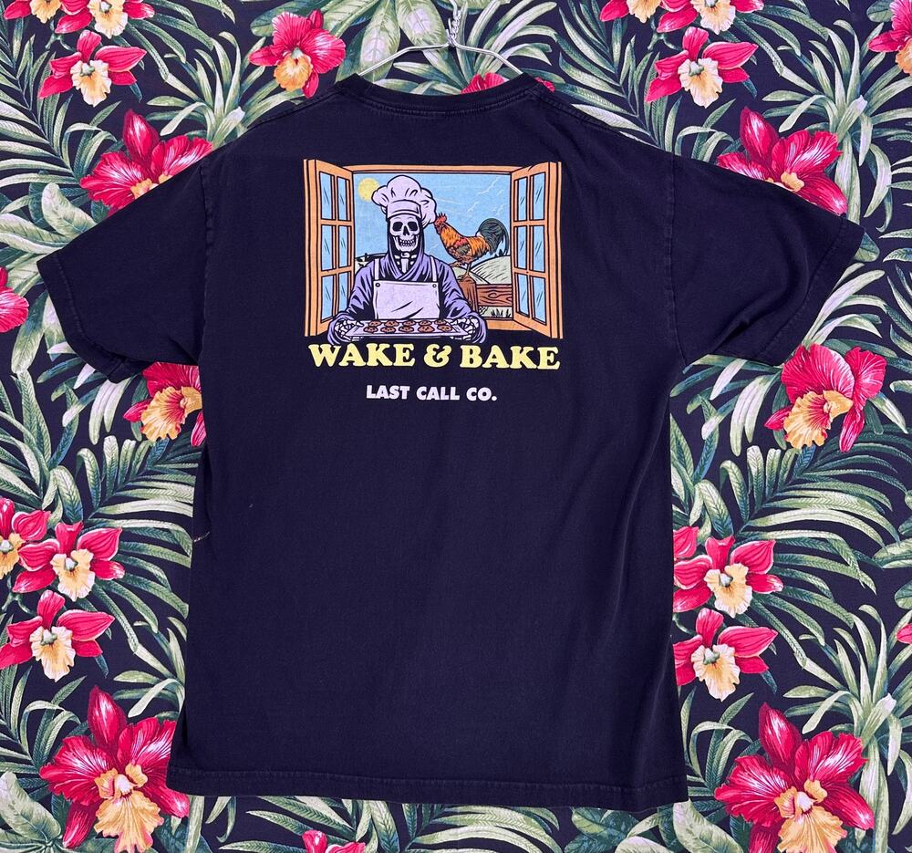 Wake & Bake Last Call Co. Sz Large Weed Skeleton Black Tee
